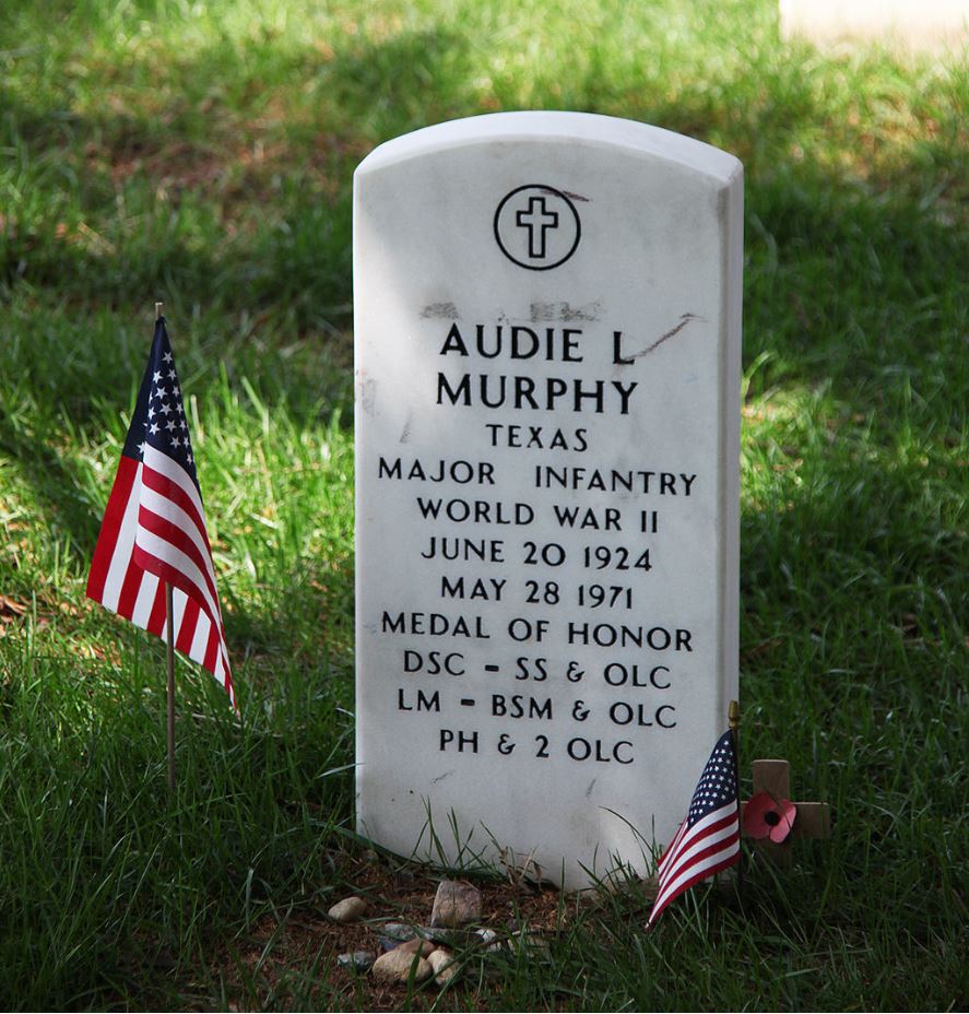 Audie Murphy's headstone at Arlington National Cemetery in Arlington County, VA