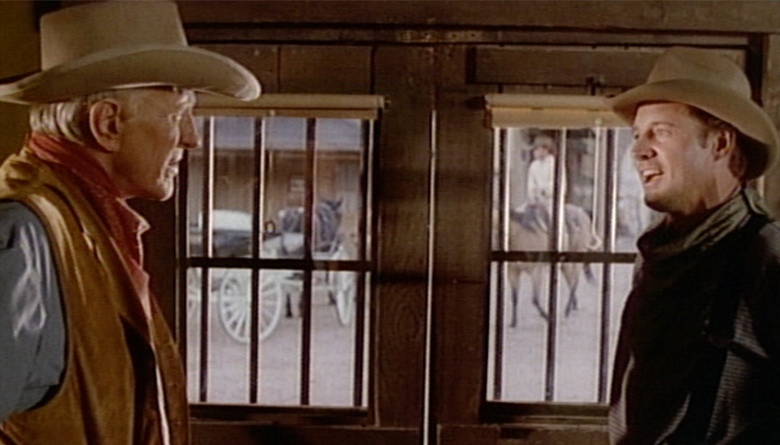 Bruce Boxleitner and James Arness in Gunsmoke: One Man's Justice